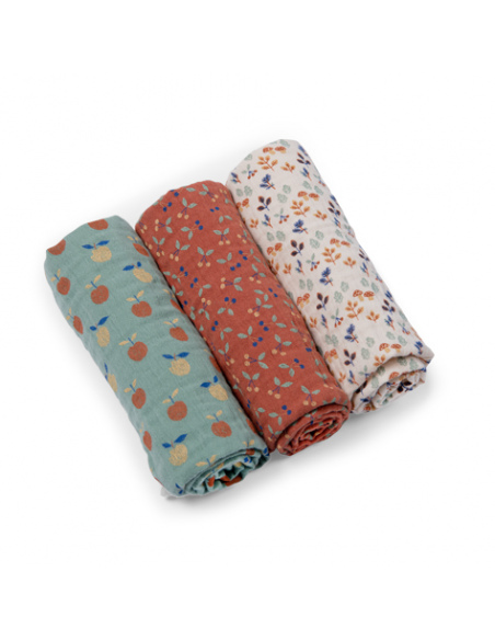 Zestaw trzech muślinowych pieluszek Pomme des Bois